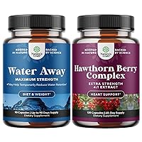 Bundle of Water Away Pills Maximum Strength - Herbal Diuretic Pills for Water Retention for Fast Acting Bloating Relief and Extra Strength Hawthorn Berry Capsules for High Blood Pressure & Blood Sugar