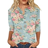3/4 Sleeve Tops for Womens V Neck Button Down Blouse Casual Loose Tunic Trendy Floral Spring Shirt Plus Size Blouse