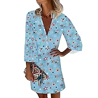 4of July Clothes for Women Patriotic Dress for Women Sexy Casual Vintage Print with 3/4 Length Sleeve Deep V Neck Independence Day Dresses Light Blue 3X-Large