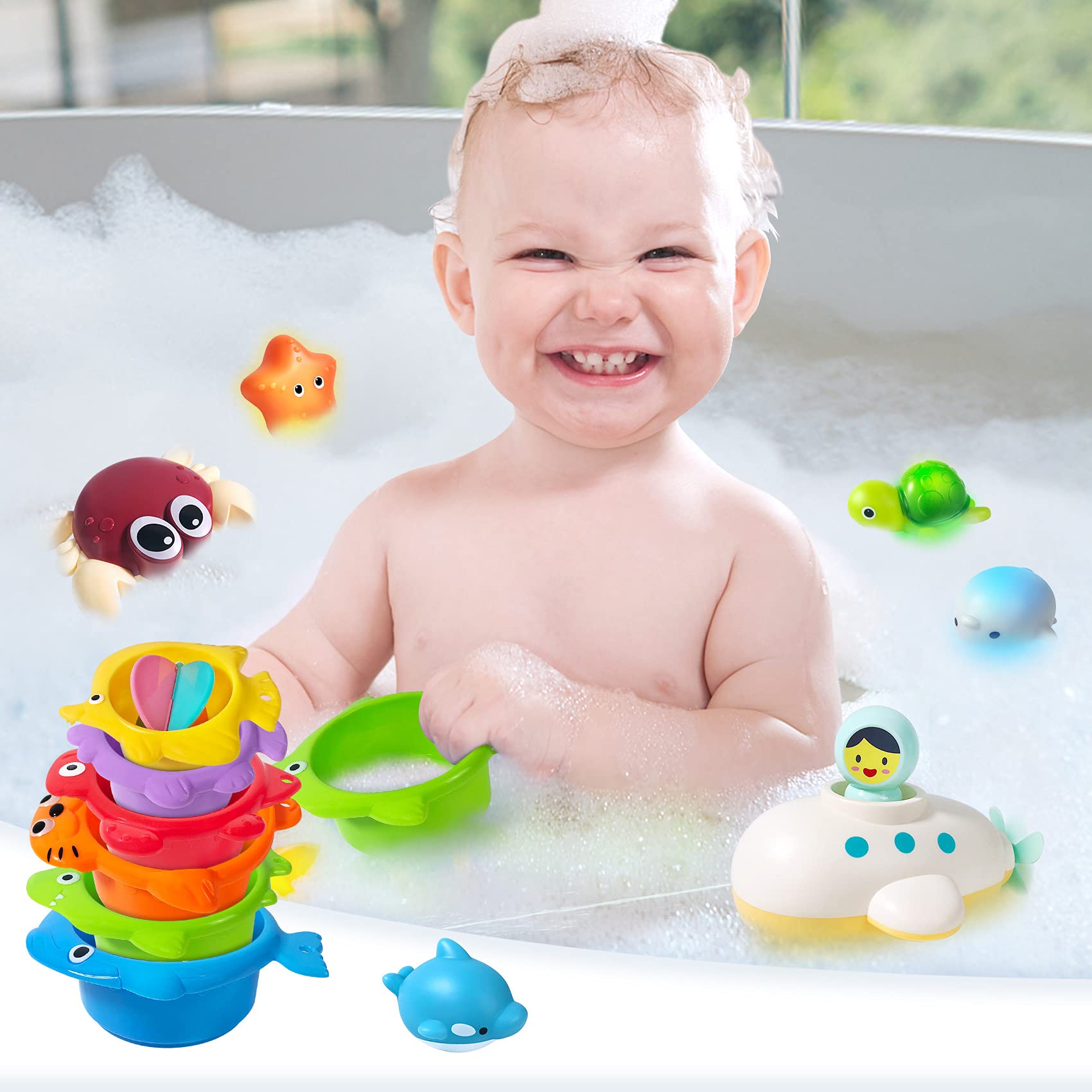Bath Toys Gifts for Age 3 4 5 6 7 8+ Years Old Kids Boys Girls Toddlers - Swim Pool Bathtub Tub Toys for Toddlers Summer, Stacking Cup with Wind Up Water Toys for Baby Birthday Christmas