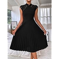 Summer Dresses for Women 2022 Contrast Lace Pleated Hem Dress Dresses for Women (Color : Black, Size : Medium)