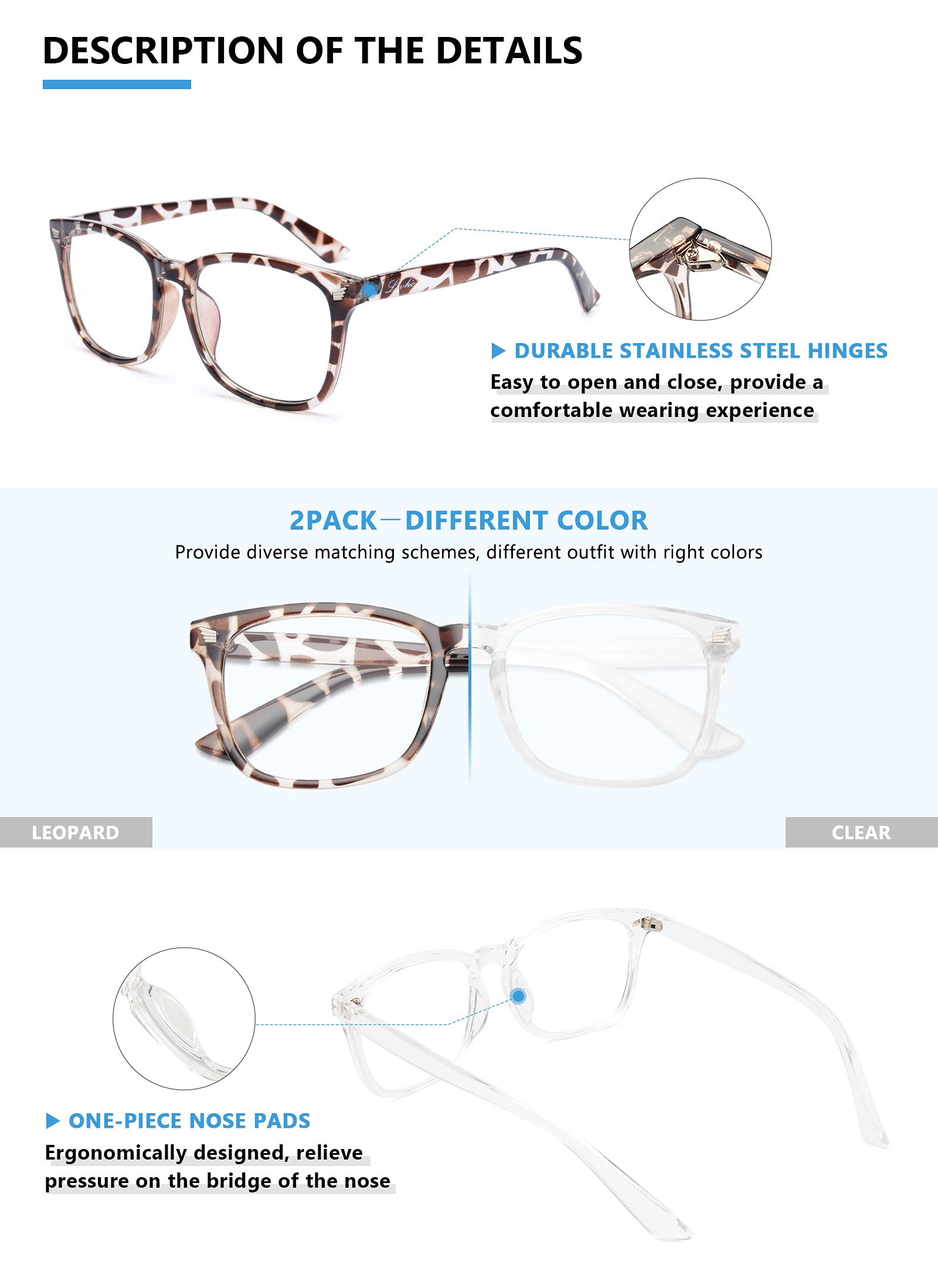 livho 2 Pack Blue Light Blocking Glasses, Computer Reading/Gaming/TV/Phones Glasses for Women Men,Anti Eyestrain & UV Glare (Leopord+Clear)