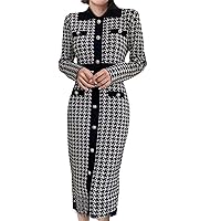 Vintage Knitted Midi Dress Long Sleeve Slim Houndstooth Pullover Sweater Dresses Lady Dress Autumn Winter
