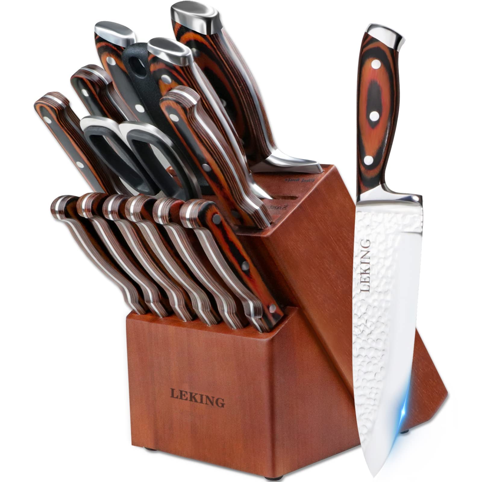 Leking 15-Piece Block Knife Set with Wooden Block, Premium High Carbon Stainless Steel Chef Knife Set with Pakka Wooden Handle, Kitchen Knife Sets with Sharpener, Knives Set, Scissor, 6 Steak Knives