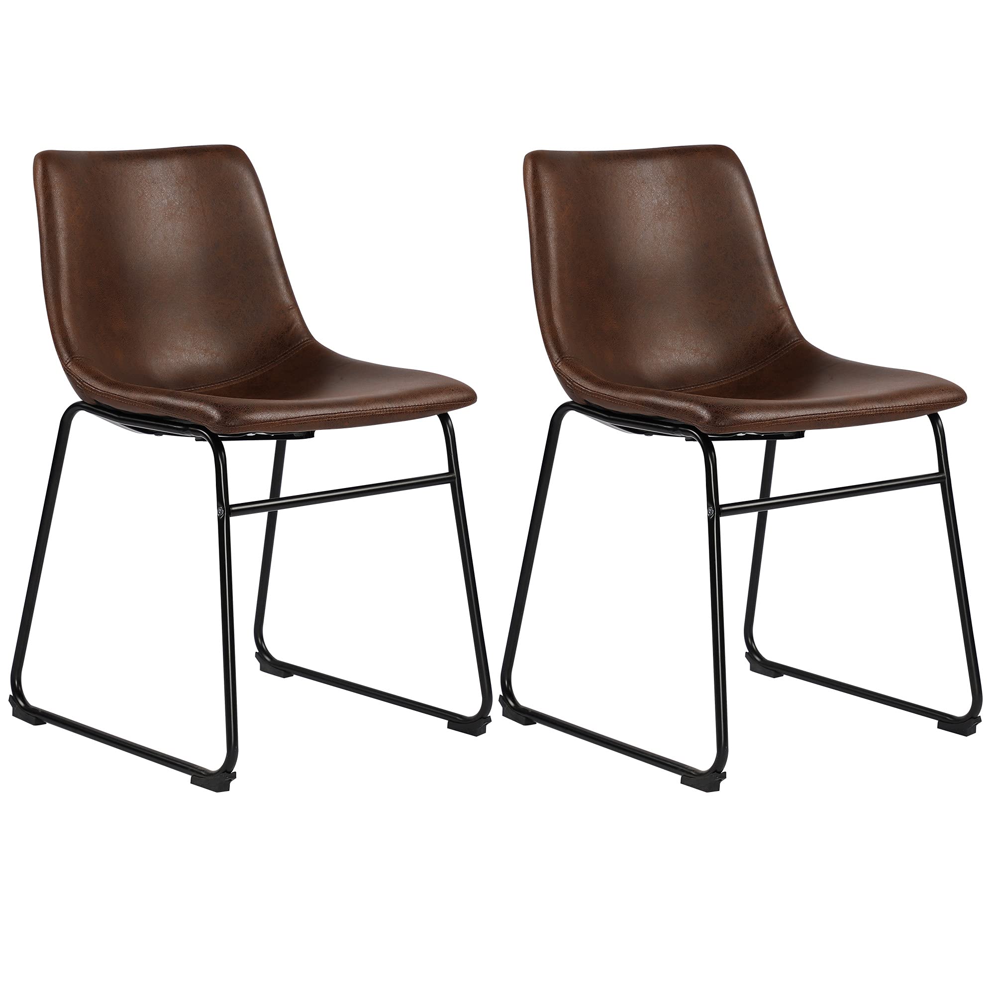Mid Century Style Dining Room Chair, Antique Retro Living Room Armless Bar Chairs with Faux Leather seat and Metal Base, Set of 2 (Brown)