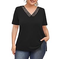 Plus Size Tops for Women Summer Trendy Short Sleeve Shirts Lace Crochet V Neck T Shirts Blouses Tunics Fashion Outfits