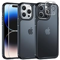 TAURI 5 in 1 for iPhone 14 Pro Case Frosted Black, [Not Yellowing] with 2X Screen Protector + 2X Camera Lens Protector, [Military Grade Protection] Shockproof Slim Phone Case, 6.1 inch
