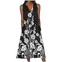 Dresses for Women Fashion Floral Printed Tank Dress Summer Loose V Neck Dresses Button Up Sleeveless Beach Sundresses