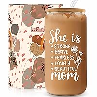 Mothers Day Gifts for Mom, Glass Cups with Lids And Straws, Unique Present Birthday Gift for Mom from Daughter Son Kids, Thank You Gift For Wife Sister Friend, 16oz Iced Coffee Cup