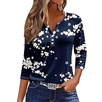 3/4 Length Sleeve Womens Tops, Womens Summer Tops Fashion 2024 Henley Neck Print Shirts Casual Button Down Blouses