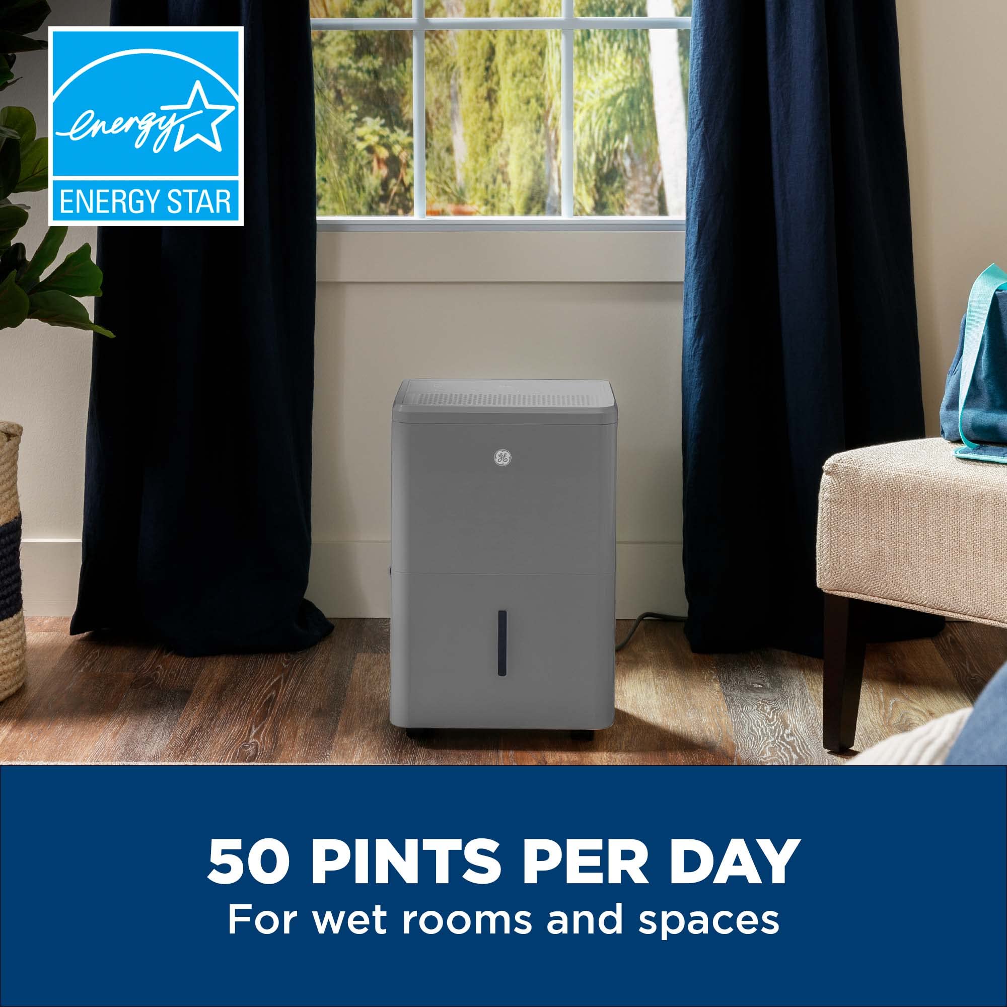 GE Energy Star Portable Dehumidifier for Basement, Bedroom, Bathroom, Garage or Large Rooms up to 4500 Sq Ft, 50 Pint with Removable Bucket and Continuous Drain Connect for Auto or Manual Drainage