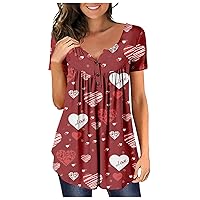 Women Blouses,Tunic Plus Size Short Sleeve Summer Shirt Love Printed Sexy Button V-Neck Blouse for Valentine's Day