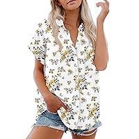 Flower Shirt for Women 2024 Short Sleeve Button Down V-Neck Vacation Boho Casual Loose Comfort Blouse