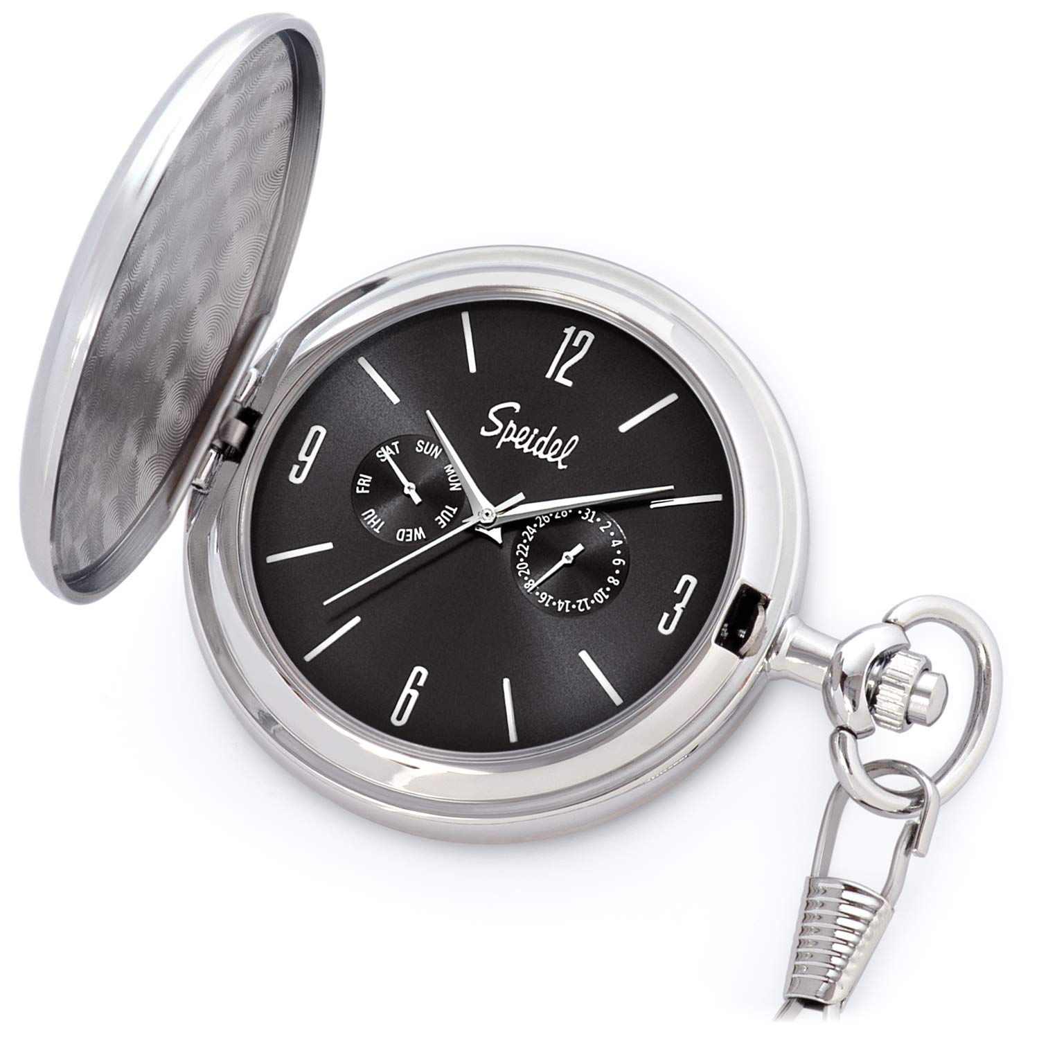 Speidel Classic Brushed Satin Engravable Pocket Watch with 14 inch Chain, Seconds Hand, Day and Date Sub-Dials with Custom Engravable Options