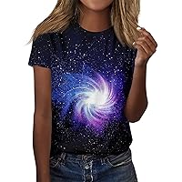 Summer Short Sleeve Tops for Women 2024 Trendy Tops for Women 2024 Astral Print Novelty Cool Loose Fit Fashion with Short Sleeve Round Neck Shirts Blue 5X-Large