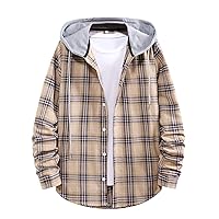 Men Long Sleeve Quilted Lined Flannel Shirt Jacket with Hood Button-Down Flannel Plaid Hoodie Shirt Lightweight Jacket