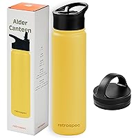 Retrospec Alder Insulated Water Bottle with Straw Lid & Handle Cap - Stainless Steel Wide Mouth Double-Wall Vacuum Insulated Thermos - BPA Free Leakproof Canteen