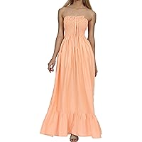 LA LEELA Women's Beach Summer Solid Smocked Tube Top Maxi Evening Dress Casual Strapless Dresses for Women