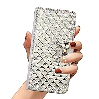 Compatible with iPhone 14 Wallet Case Luxury Glitter Bling Diamond Card Holder Women Girls Case with Stand Sparkle Crystal Bow Shockproof Non-Slip Fashion Flip Cover for iPhone 14 White