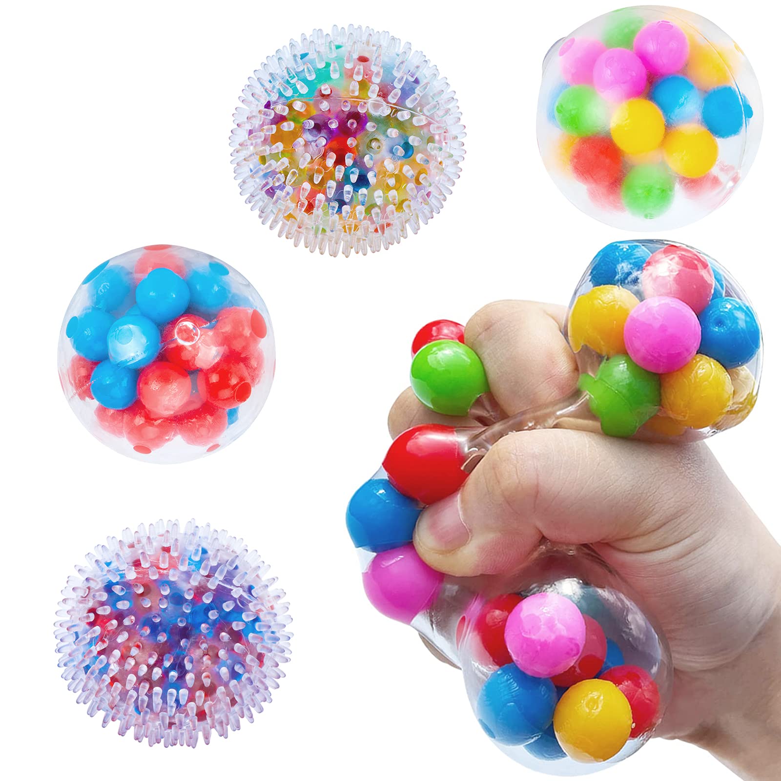 Stress Balls for Kids and Adults, 4 Funny Squishies Balls Stress Ball Fidget Toy for Anxiety Autism ADHD, Water Beads Christmas Sensory Toys for Toddlers Boys Girls Birthday Gifts, Home, Office