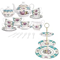 fanquare Floral Porcelain Tea Set for 6, Blue Floral 3 Tier Porcelain Cupcake Stand, Complementary China Tea Party Set for Women