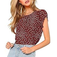 Women's Dressy Casual Round Neck Basic Pleated Tops Petal Cap Sleeve Curved Keyhole Back Going Out Blouse