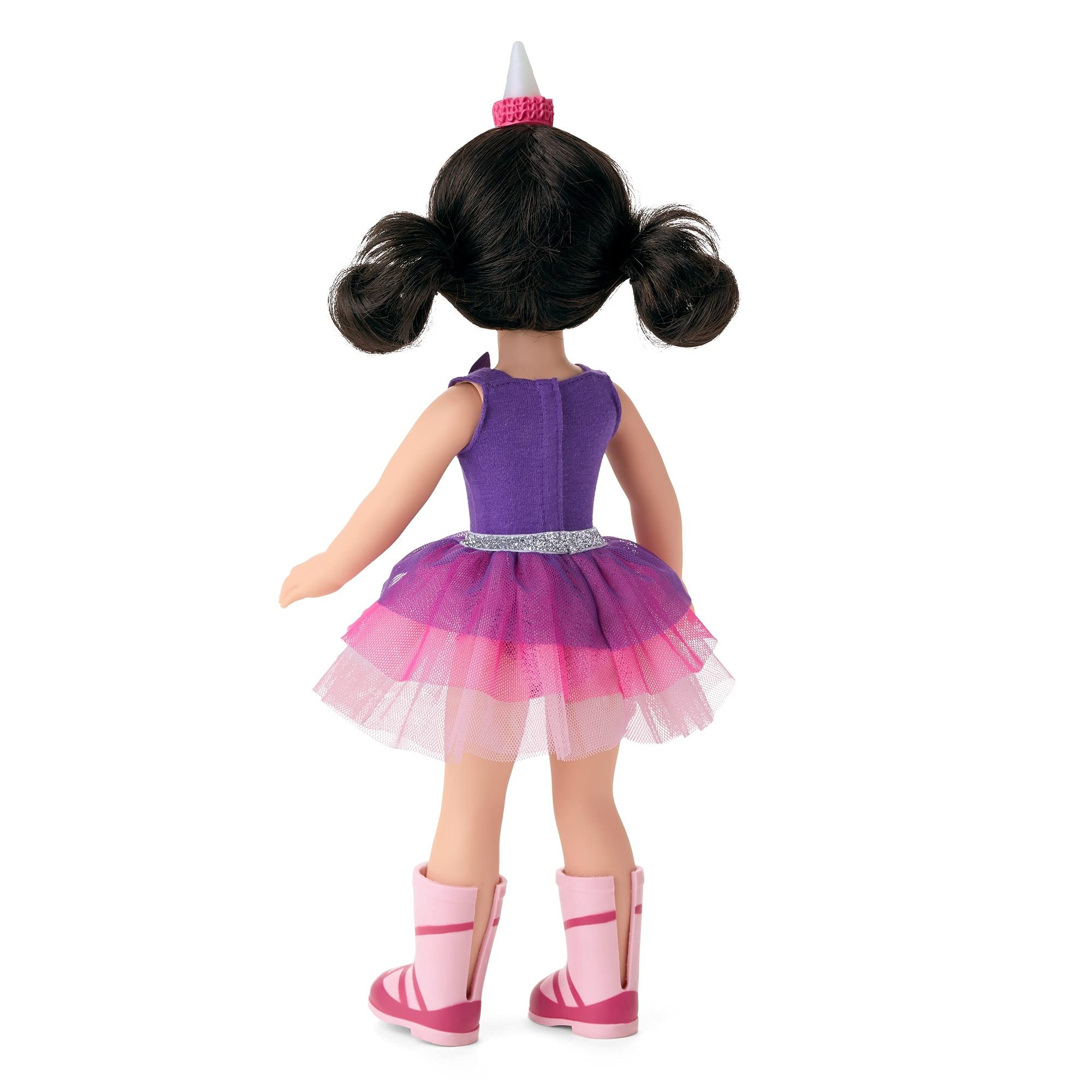 American Girl WellieWishers Emerson 14.5-inch Doll (2021 Version) with Dark Brown Eyes, Black Hair, Purple Leotard, Detachable Layered Pink and Purple Skirt, Ages 4+