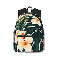 Tropical Summer Hawaiian Flower Palm Leaves Printed Lightweight Casual Backpack,Laptop Backpack,Cute Canvas Backpack,Travel Rucksack Daypack For Men Women