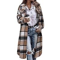 CHICZONE Womens Casual Lapel Button Down Long Plaid Shirt Flannel Shacket Jacket Tartan Trench Coat Brown Plus Size 3XL