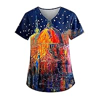 Plus Size Women Tops, Women's Short-Sleeved V-Neck Easter Print Pocket Carer Top