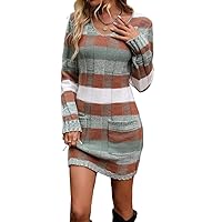 Sweater Dress for Women - Color-Block Pattern Dual Pocket Sweater Dress (Color : Multicolor, Size : Medium)