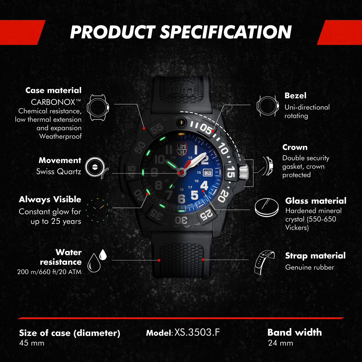 Luminox Navy Seal XS.3503.F Mens Watch 45mm - Military Dive Watch in Black/Blue Date Function 200m Water Resistant