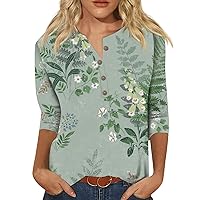 Women Tops Floral 2023 Summer Tees V Neck Blouse Slim Cute Slim Fit Button Down Shirts Ethnic 3/4 Sleeve Tshirts