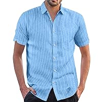Men's Muscle Fit Striped Dress Shirts Cotton Linen Short Sleeve Regular Fit Casual Summer Button Down Shirt with Pocket