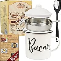 Bacon Grease Container with Strainer - With Food-Grade Silicone Spatula , 46oz Large Enamel Rustic Farmhouse Fat Container , Keeper , Recipes , Dishwasher Safe