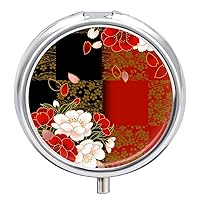Round Pill Box Japanese Flowers Portable Pill Case Medicine Organizer Vitamin Holder Container with 3 Compartments