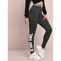 Slogan Graphic Marled Leggings (Color : Black, Size : X-Large)