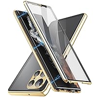 KONSAELR Magnetic Case for Samsung Galaxy S24 Ultra/S24 Plus/S24, Double Sided Clear Tempered Glass Phone Case [with Camera Protector] Shockproof Aluminum Bumper with Safety Lock,Gold,S24 Ultra
