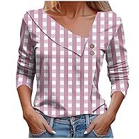 Women Plaid Long Sleeve Tops Fashion Asymmetrical Neck Shirts Dressy Casual Tunic Blouses Button Front Work Shirt