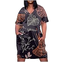 Dresses for Women 2024 Summer 4th of July Printed Maxi Dresses Casual V Neck Plus Size Short Sleeve Dress Pocket