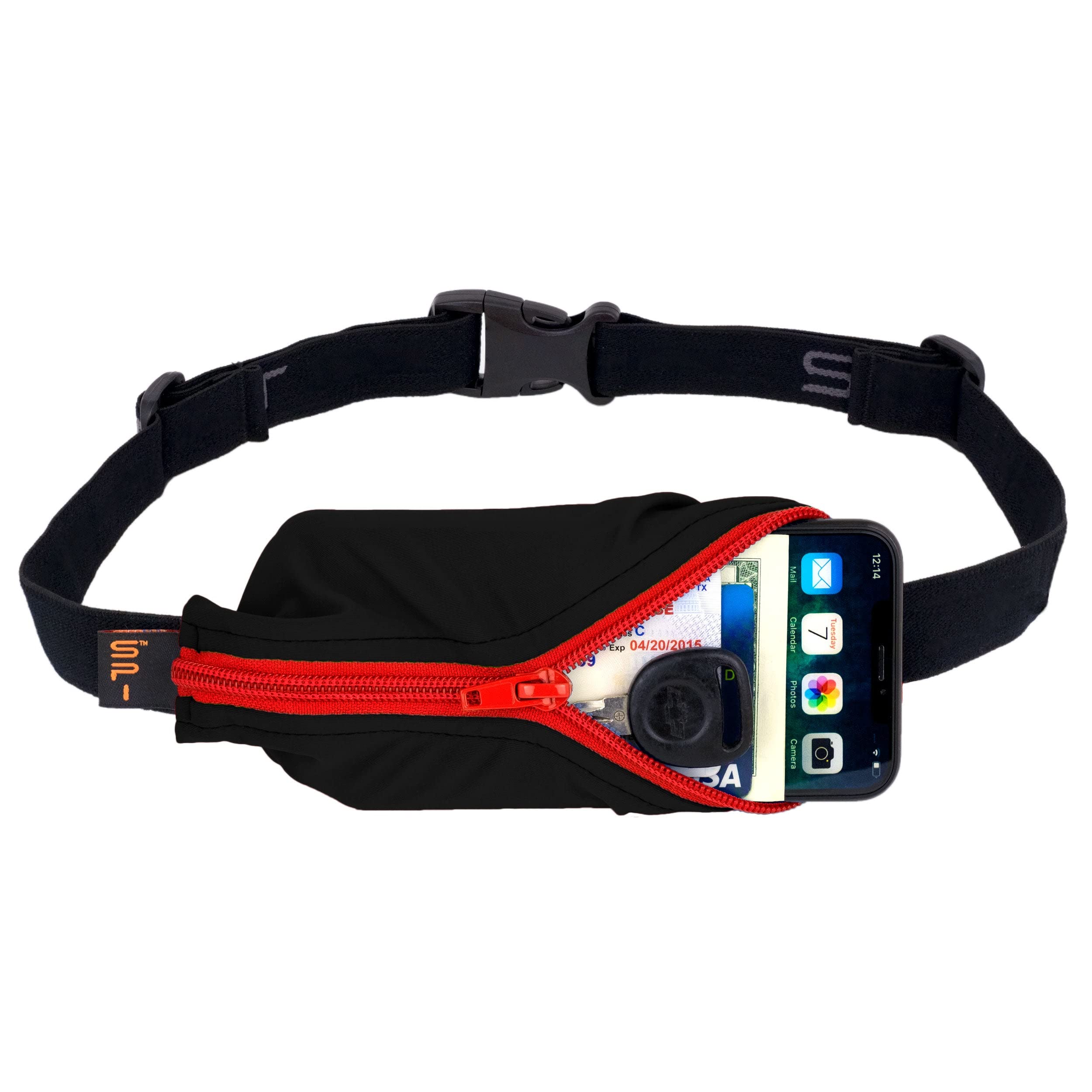 SPIbelt Large Pocket Running Belt for Adults, Expandable Pocket, Adjustable Waist, No Bounce, Black with Red Zipper
