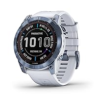 Garmin Fenix 7X Sapphire Solar, Larger Adventure smartwatch, with Solar Charging Capabilities, Rugged Outdoor GPS Watch, Touchscreen, Wellness Features, Mineral Blue DLC Titanium with Whitestone Band