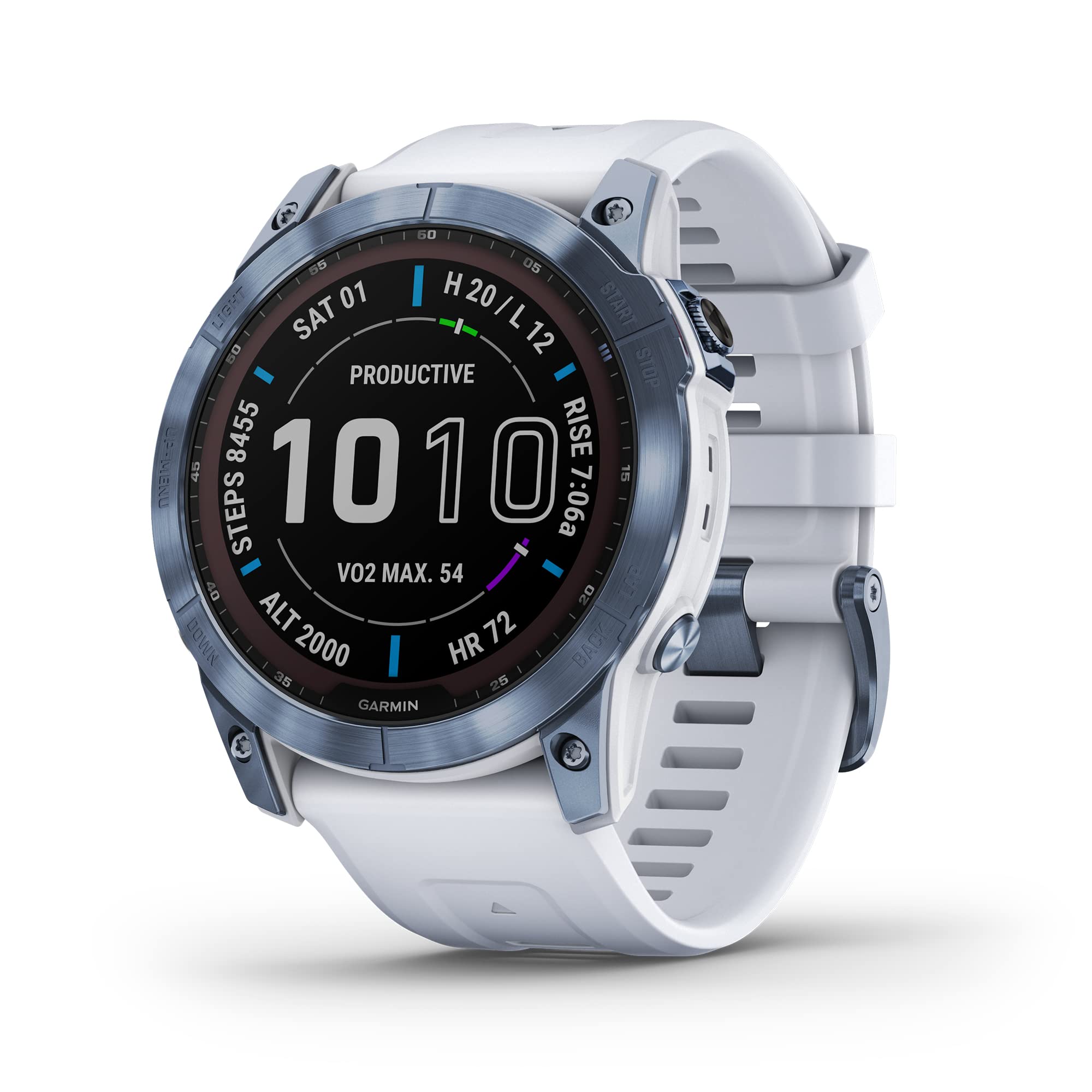 Garmin fenix 7X Sapphire Solar, Larger adventure smartwatch, with Solar Charging Capabilities, rugged outdoor GPS watch, touchscreen, wellness features, mineral blue DLC titanium with whitestone band