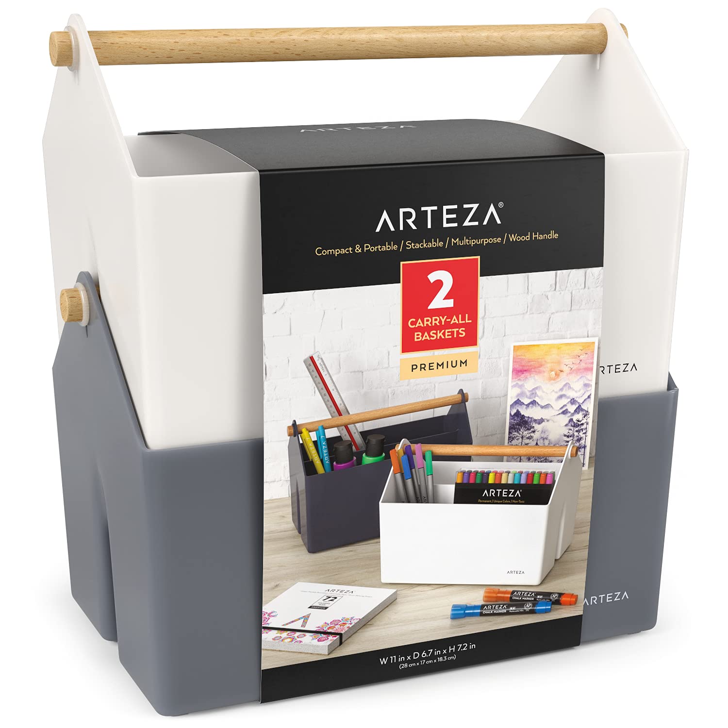 Arteza Plastic Portable Craft Storage Organizer, Pack of 2, Gray and Ivory, 3-Sectioned Plastic Basket with Handle, Caddy Organizer for Art Supplies, 11 x 6.7 x 7.2 inches
