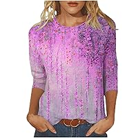 Plus Size 3/4 Length Sleeve Womens Tops 2024 Summer Floral Pattern Casual T Shirts Classic Comfy Y2K Trendy Pullover