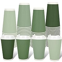 Whaline 100Pcs Sage Green Disposable Coffee Cups with Lids Gradient Green Paper Cups Corrugated Ripple Wall Insulated Hot Cups for Home Office Party Supplies