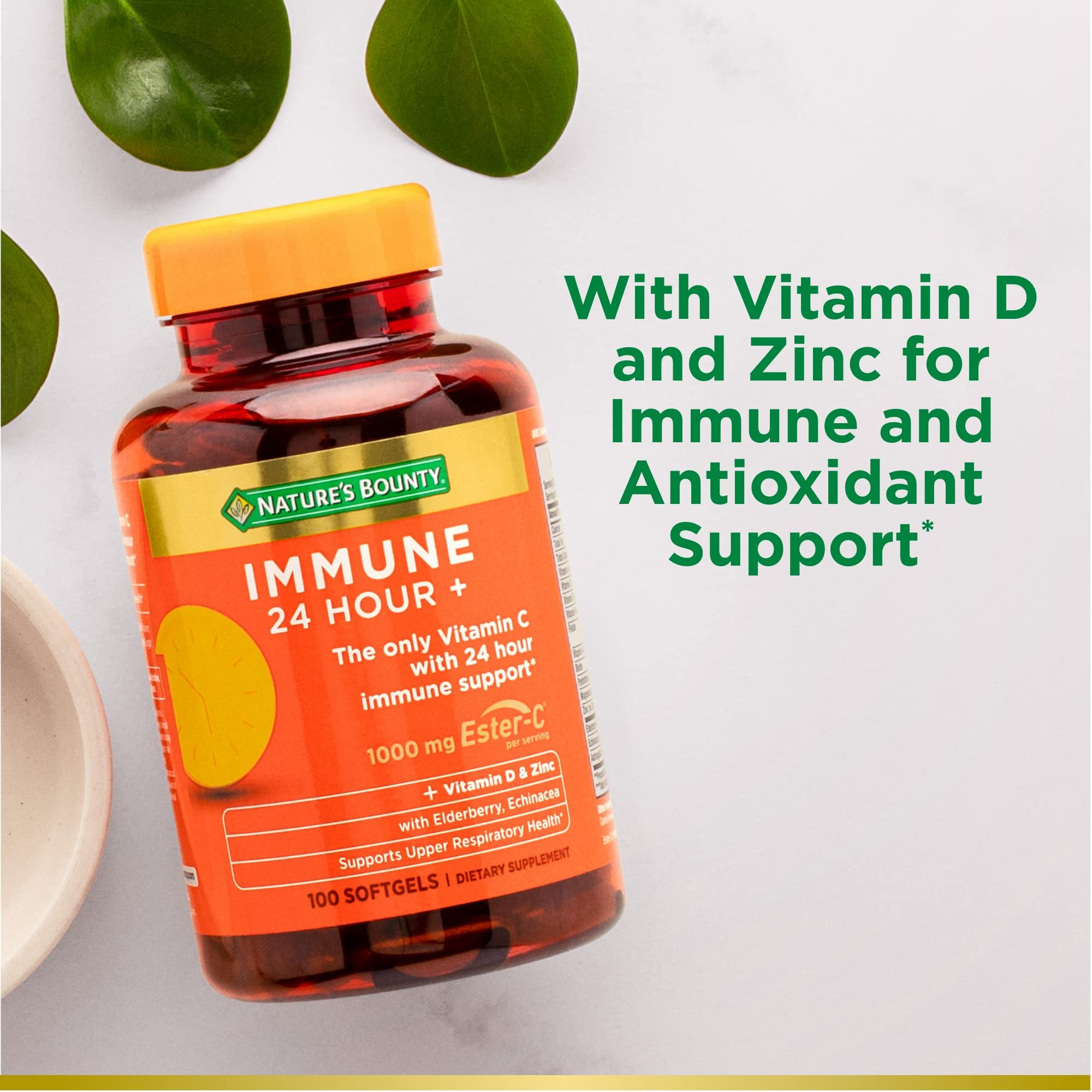 Nature’s Bounty Vitamin C 24 Hour Immune Support with Zinc and Vitamin D, Daily Immune and Upper Respiratory Support, Ester Vitamin C 1000mg Capsules (Softgels), 100 Count