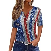 4th of July Outfits for Women,Women's Summer Tops 2024 Short Sleeve Independence Day Basic V Neck Button Casual Top