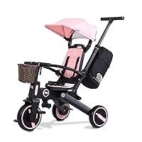 Trixplorer Foldable Tricycle-Toddler Tricycle Removable Push Handle, Rotatable Seat, Adjustable Canopy, Safety Harness, Storage, Basket-Tricycle for Toddlers for 1-5 Year Old (Pink/Princess)