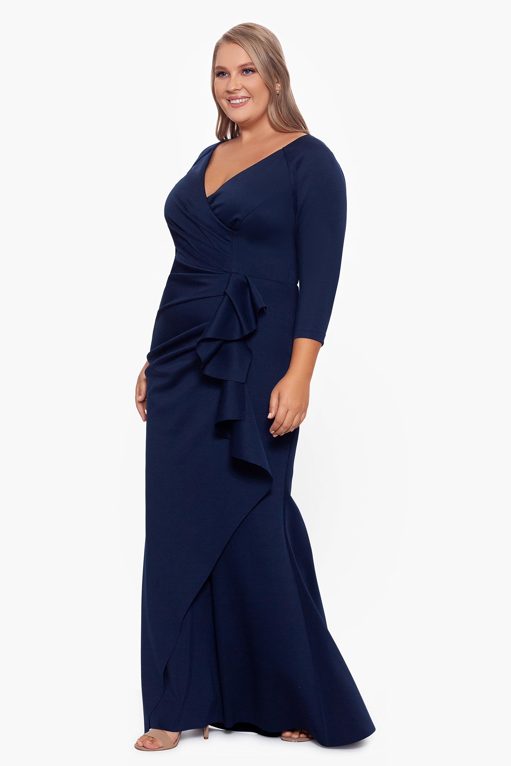 Xscape Women's Plus Size Long 3/4 Sleeve V-Neck Side Ruched Dress